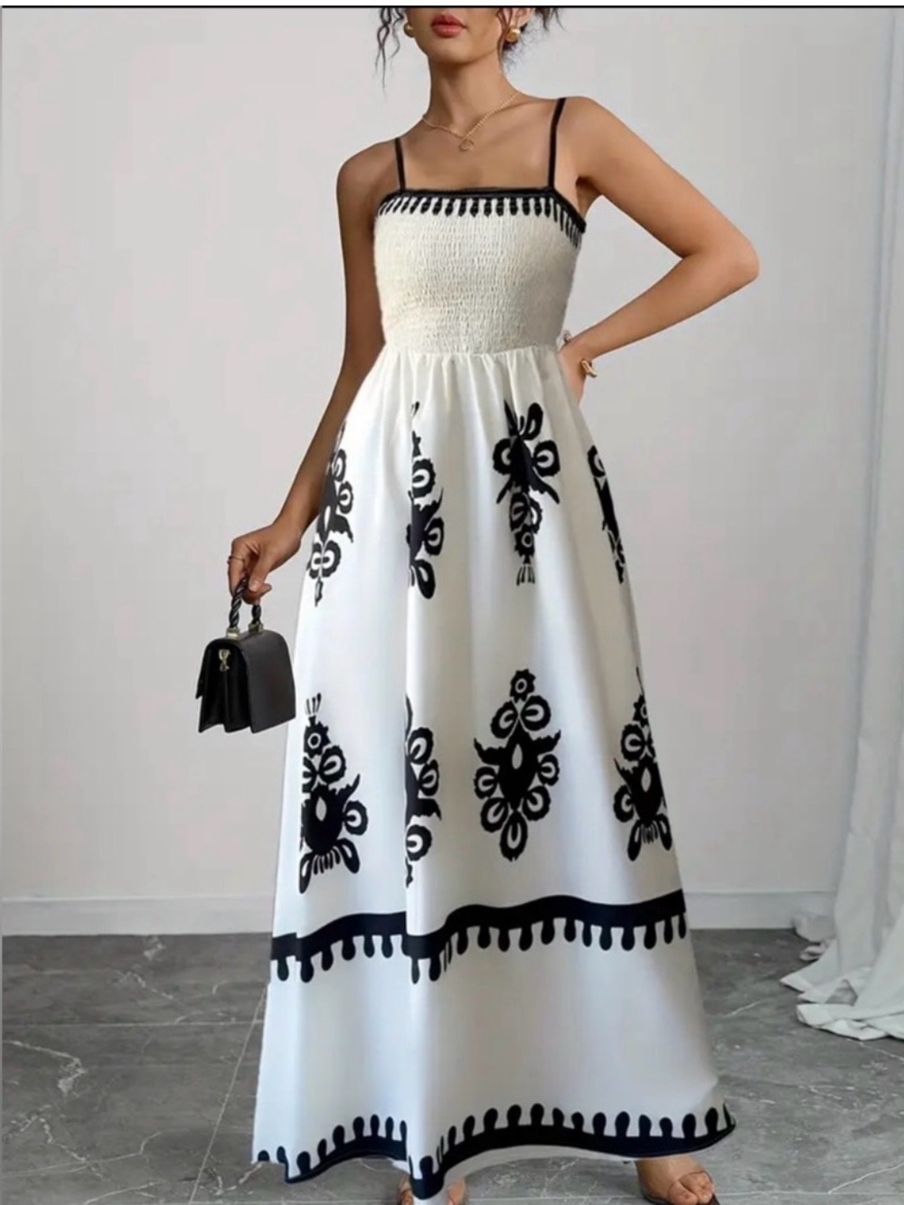 White and Black Printed Maxi Dress with Smocked Bodice and Spaghetti Straps